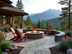 Mountain Vista Flagstone Terrace - A rustic mountain-style flagstone patio with a large stone fire pit, Adirondack chairs, and alpine plantings, overlooking mountain views