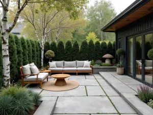 Nordic Flagstone Simplicity - Scandinavian-inspired flagstone patio with light grey stones, minimal gaps, surrounded by white birch trees and featuring modern wooden furniture