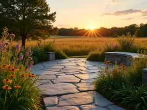 Prairie Style Flagstone - A large flagstone patio with prairie grasses, black-eyed susans, and native wildflowers, golden sunset lighting