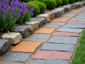 Rainbow Rock Border - Colorful flagstone patio edge featuring multi-colored stone pieces arranged in a mosaic pattern, bordered by purple salvias, photorealistic