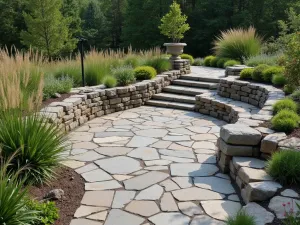 River Rock and Flagstone Blend - A rustic flagstone patio integrated with smooth river rocks, surrounded by ornamental grasses and water-loving perennials