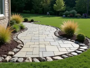 River Rock Transition - Flagstone patio with smooth river rock border creating a natural transition to the lawn, accented with ornamental grasses, photorealistic