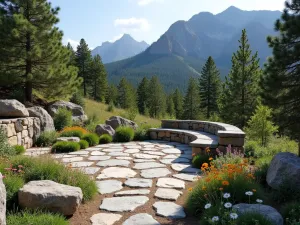 Rocky Mountain Flagstone - A rugged flagstone patio with alpine wildflowers, dwarf conifers, and natural boulder accents, mountain backdrop