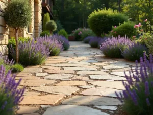 Natural Flagstone Patio with Lavender Border - A rustic flagstone patio with irregular stone shapes in warm earth tones, bordered by blooming lavender plants, set against a natural stone retaining wall, photography style, afternoon lighting