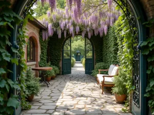 Secret Garden Flagstone - Romantic flagstone patio enclosed by climbing vines and blooming wisteria, with vintage iron gates and antique garden furniture, captured in soft morning light