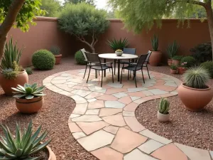 Desert Southwest Flagstone - A warm-toned flagstone patio with drought-resistant succulents and cacti in decorative pottery, surrounded by gravel and desert landscaping