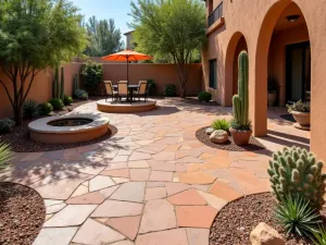 Southwest Sunset Flagstone - Desert-inspired flagstone patio with terra cotta and rust-colored stones, cacti garden border, and Mexican tile accents