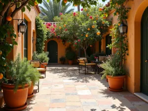 Spanish Colonial Flagstone - A sun-washed flagstone patio with terracotta containers, bougainvillea, and citrus trees, wrought iron accents