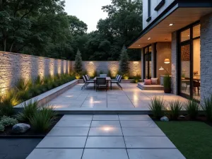 Stacked Stone Patio Border - Modern flagstone patio with a vertical stacked stone border creating a clean geometric edge, enhanced by architectural grasses, dramatic evening lighting, photorealistic