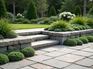 Stepped Stone Border - Multi-level flagstone patio edge with graduated stone steps leading to a garden, lined with creeping thyme and small alpine plants, photorealistic