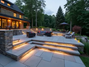 Terraced Flagstone Design - Multi-level modern flagstone patio with floating steps, glass railings, and built-in LED lighting, featuring contemporary outdoor furniture