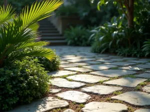 Tropical Border - Lush flagstone patio edge with tropical plants creating dramatic shadows and texture, featuring bird of paradise and palm fronds, photorealistic