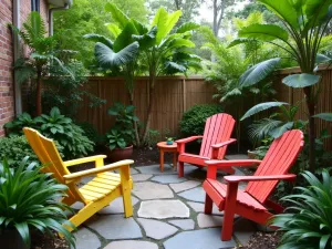 Tropical Flagstone Oasis - Small flagstone patio with lush tropical plants, hanging ferns, colorful Adirondack chairs, and a bamboo privacy screen