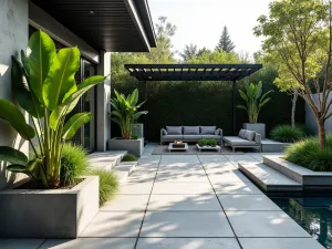 Tropical Modern Flagstone - Contemporary flagstone patio with large format grey stones, surrounded by tropical plants in geometric concrete planters and featuring a modern pergola