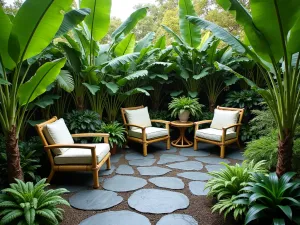 Tropical Paradise Flagstone - Lush tropical flagstone patio with dark grey stones, surrounded by banana plants, bird of paradise, and tropical ferns, with bamboo furniture