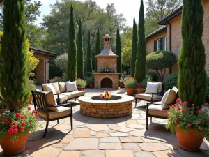 Tuscan Courtyard Flagstone Design - A warm Tuscan-style flagstone patio with a rustic stone fire pit, cypress trees, terracotta pots with herbs, and iron furniture