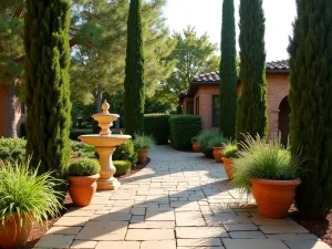 Tuscan Villa Flagstone - Warm-toned flagstone patio with Italian cypress trees, terracotta pots filled with herbs, and an antique stone fountain, captured in evening light