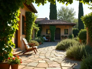 Tuscan Vineyard Flagstone - A rustic flagstone patio surrounded by grape vines, cypress trees, and Mediterranean herbs, warm afternoon light