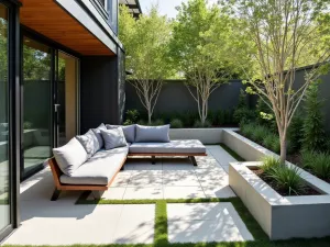 Urban Courtyard Flagstone - Contemporary small flagstone patio with geometric patterns, built-in concrete planters, and modern lounge furniture with gray cushions