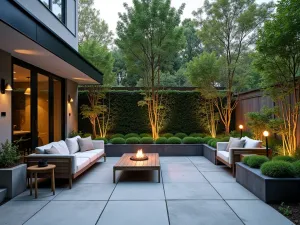 Urban Flagstone Oasis - Modern city patio with large format flagstones, vertical garden wall, and sleek outdoor furniture, illuminated with contemporary sconces