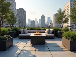 Urban Rooftop Flagstone Oasis - A modern urban rooftop flagstone patio featuring a sleek fire table, container gardens, and contemporary furniture with city views