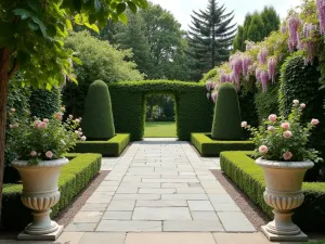 Victorian Garden Flagstone - An elegant flagstone patio with formal boxwood hedges, climbing wisteria, and heritage roses, classical urns