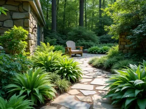 Woodland Edge - Natural flagstone patio border with ferns and hostas creating a lush, shade-loving edge transition to wooded area, photorealistic