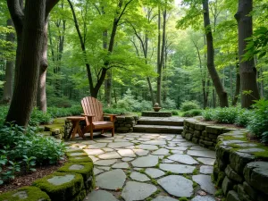 Woodland Flagstone Retreat - Natural flagstone patio nestled under mature maple trees, with moss growing between stones, featuring a comfortable reading chair and small side table