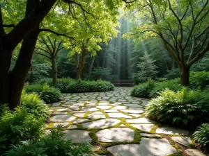 Woodland Moss-Lined Flagstone - A shaded flagstone patio with moss growing between the stones, surrounded by ferns and hostas, dappled sunlight filtering through overhead trees