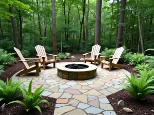 Woodland Retreat Flagstone - Natural flagstone patio nestled in a woodland setting, with ferns and hostas lining the edges, featuring a stone fire pit and Adirondack chairs