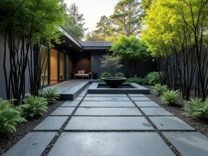 Zen Flagstone Retreat - Japanese-inspired modern flagstone patio with dark grey stones arranged in a minimalist pattern, surrounded by black bamboo and featuring a contemporary water feature