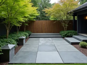 Zen Garden Flagstone - Minimalist rectangular flagstone patio with large slate-colored stones, Japanese maples, bamboo screen, and stone lanterns