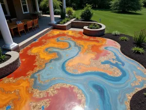 Abstract Art Epoxy Floor - Aerial view of a bold, abstract art-inspired epoxy patio floor with swirling colors and metallic accents