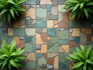 Abstract Leaf Pattern Mosaic - Aerial view of an abstract leaf pattern mosaic patio floor in shades of green and brown ceramic tiles, surrounded by potted ferns