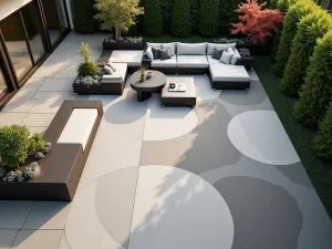 Abstract Modern Carpet Patio - Aerial view of an abstract pattern outdoor carpet in grayscale tones, with modern sectional seating and Japanese maple trees