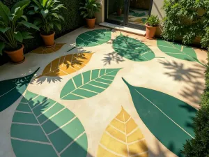 Abstract Painted Leaves - Modern patio floor painted with oversized abstract leaf patterns in various greens and gold, viewed from above with dappled sunlight