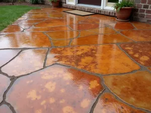 Acid-Stained Concrete with Terra Cotta Tones - Close-up view of an acid-stained concrete patio floor featuring rich terra cotta and amber marbled effects, creating a natural stone-like appearance with varied color depths