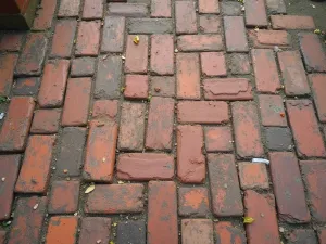 Antique Brick Floor - Wide shot of a weathered antique brick patio floor with natural patina, featuring salvaged historical bricks in various faded reds and browns