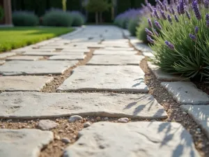 Antique Limestone Pavers - Close-up of weathered limestone pavers with visible fossils and organic patterns, bordered by Mediterranean lavender