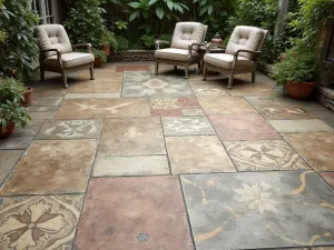 Antique-Look Porcelain Tiles - Vintage-style patio with weathered-effect porcelain tiles, featuring intricate patterns and aged appearance