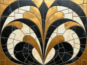 Art Deco Geometric Mosaic - Aerial view of an Art Deco-inspired geometric mosaic pattern featuring bold shapes in black, gold, and cream porcelain tiles