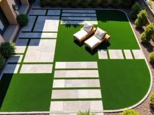 Artificial Grass and Stone Blend - Aerial view of a patio featuring alternating sections of artificial grass and natural stone pavers, creating a geometric pattern, with comfortable lounge seating