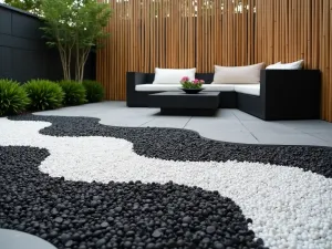 Asian Fusion Gravel Garden - Close-up detail of a contemporary Asian-inspired gravel garden featuring black and white contrasting gravels in wave patterns. Bamboo screens and modern furniture create elegant simplicity.