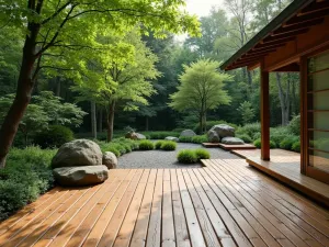 Bamboo Deck Zen - Wide shot of a rustic bamboo deck patio floor with zen garden elements and Japanese forest grass