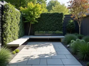 Bluestone Contemporary Patio - Sleek small patio with thermal bluestone in running bond pattern, built-in bench, and vertical garden wall, eye-level perspective