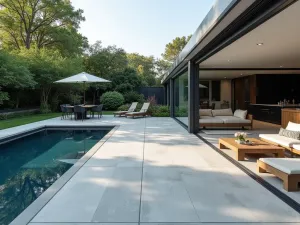 Bluestone-Effect Porcelain - Modern poolside patio with bluestone-effect porcelain tiles, featuring clean lines and contemporary furniture