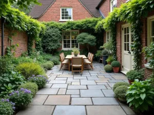 Bluestone English Garden - A traditional English garden patio with thermal bluestone pavers in a running bond pattern, surrounded by cottage garden plants, normal perspective