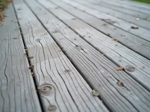 Boardwalk Pattern Concrete - Close-up of a concrete patio stamped with a boardwalk pattern, featuring straight lines and authentic wood grain texture in a weathered gray finish