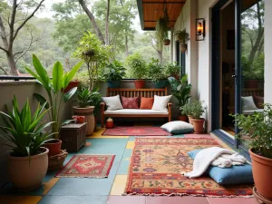 Bohemian Balcony Floor - A cozy apartment balcony with colorful painted concrete floors, layered rugs, floor cushions, and hanging plants, captured from a corner angle