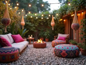 Bohemian Gravel Lounge - Close-up of a bohemian-style gravel patio featuring mixed-tone pebbles, colorful Moroccan poufs, and hanging macramé planters. String lights create a magical evening atmosphere.